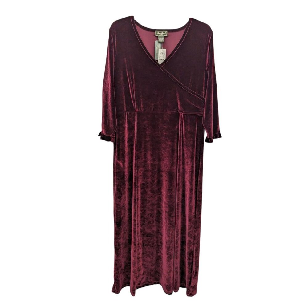 Eddie Bauer Specially Dyed Red Maroon Stretch Velvet Midi Wrap Dress Size 12